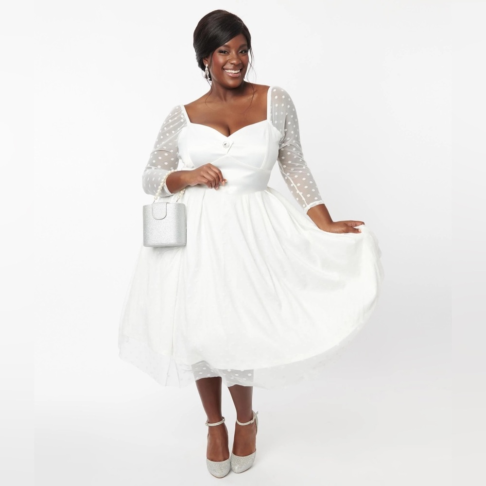 NEW Unique Vintage Polka Dot Lamar Bridal Swing Midi Dress Ivory White 5X NWT